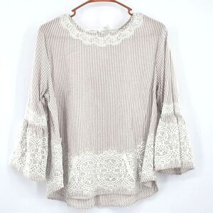 Zac and Rachel Blouse Top Womens Size PXL  Striped Lace Bell Sleeve Boho Modest